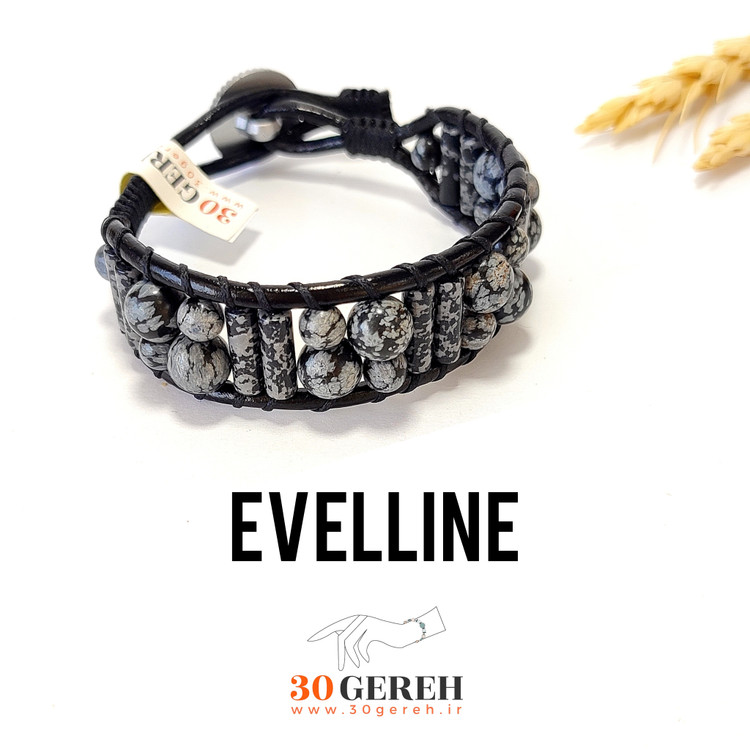 دستبند سنگی اصل و چرم طبیعی آبسیدین لکه برفی تراش لوله ای و گرد