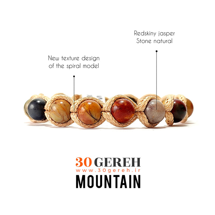 دستبند سنگی و چرم اصل و خاص جاسپر سرخپوستی طرح بافت ما پیچ با چرم دستبند کوه