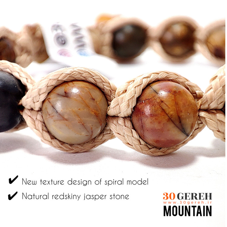 دستبند سنگی و چرم اصل و خاص جاسپر سرخپوستی طرح بافت ما پیچ با چرم دستبند کوه