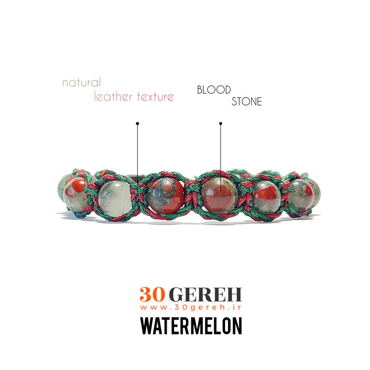 دستبند سنگی اصل سنگ خون معدنی و اورجینال بافت چرمی گیس پیچ دستساز دستبند هندوانه