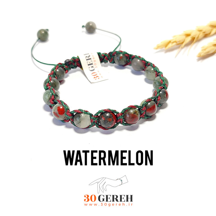 دستبند سنگی اصل سنگ خون معدنی و اورجینال بافت چرمی گیس پیچ دستساز دستبند هندوانه