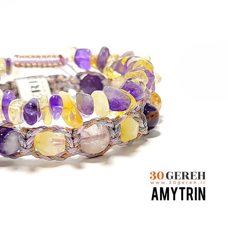 دستبند سنگی آمیتیست و سیترین درجه یک معدنی اصل دستبند دو ردیفه سنگ آمیترین اصل