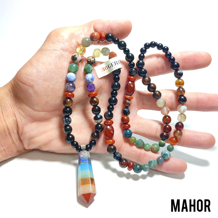 گردنبند سنگی هفت چاکرای اصل با سنگ های عقیق و آویز هفت چاکرا کراواتی گردنبند ماهور