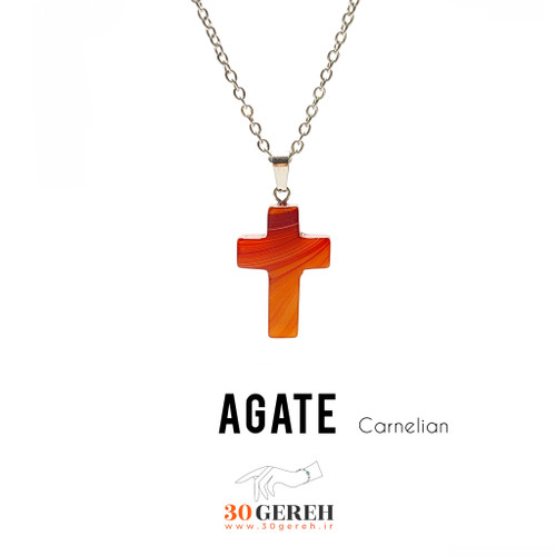 گردنبند سنگی اصل عقیق کارنلین معدنی تراش صلیب خاص با زنجیر استیل رایگان