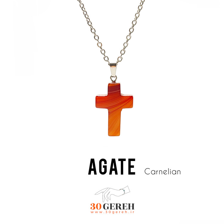 گردنبند سنگی اصل عقیق کارنلین معدنی تراش صلیب خاص با زنجیر استیل رایگان