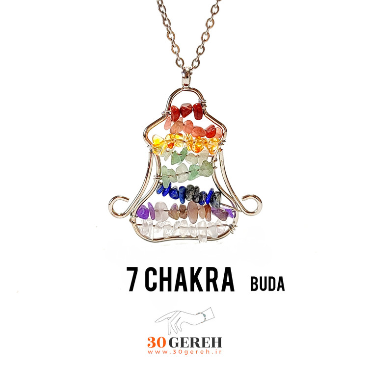 گردنبند هفت چاکرا با سنگ های نامنظم و سیم استیل طرح بودا رنگ ثابت