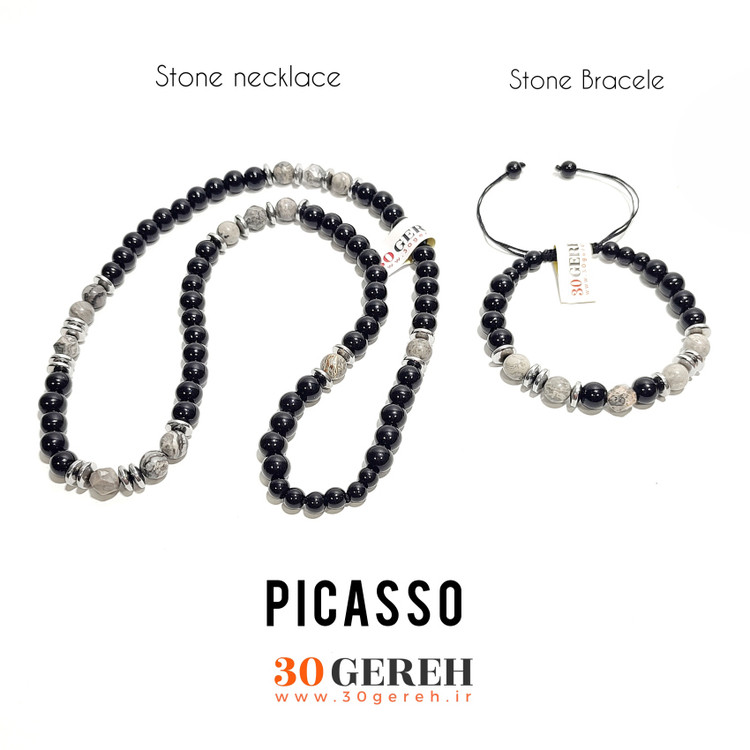 ست گردنبند و دستبند سنگی جاسپر پیکاسو جاسپر نقشه با سنگ اونیکس اصلی