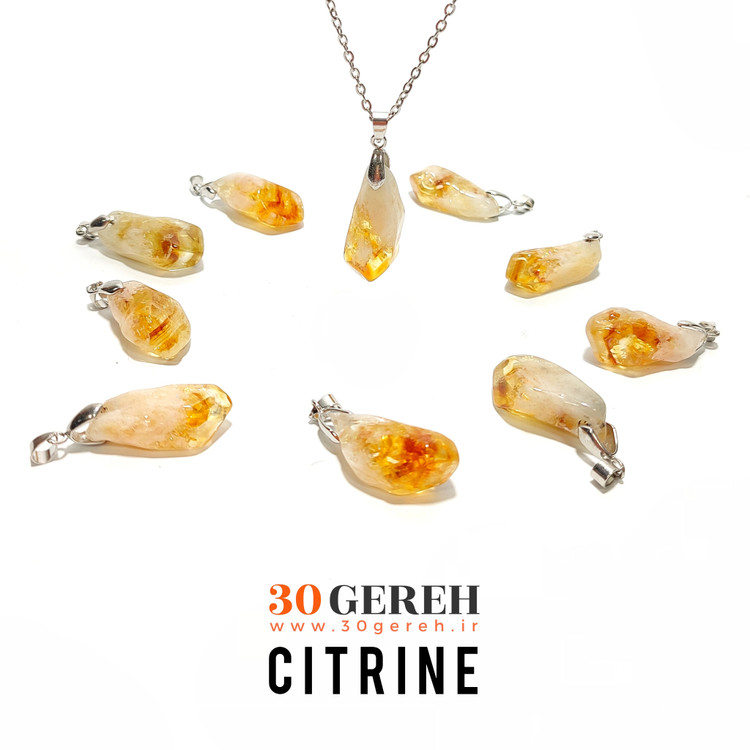گردنبند سنگی سیترین معدنی اصل بهسازی شده سنگ ثروت اصل با زنجیر استیل رایگان