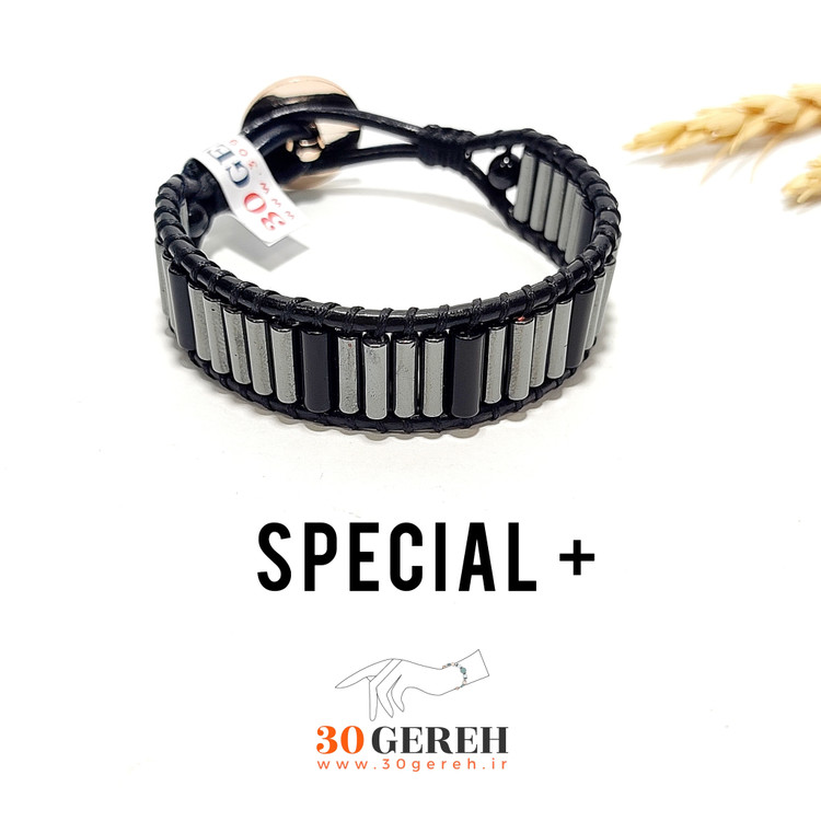 دستبند سنگی حدید و عقیق سیاه اصل معدنی تراش لوله ای با چرم طبیعی دستبند خاص پلاس