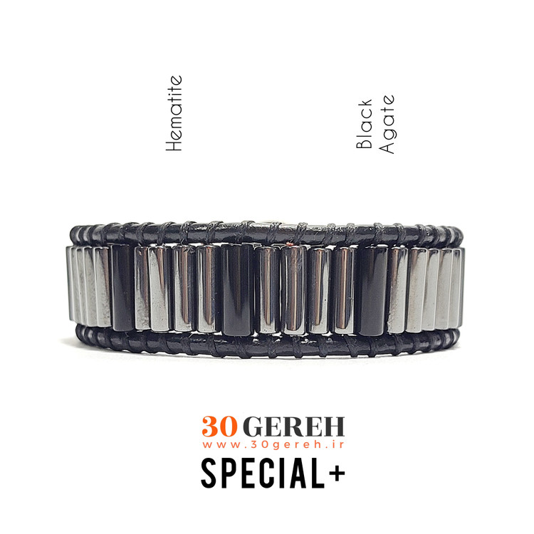 دستبند سنگی حدید و عقیق سیاه اصل معدنی تراش لوله ای با چرم طبیعی دستبند خاص پلاس