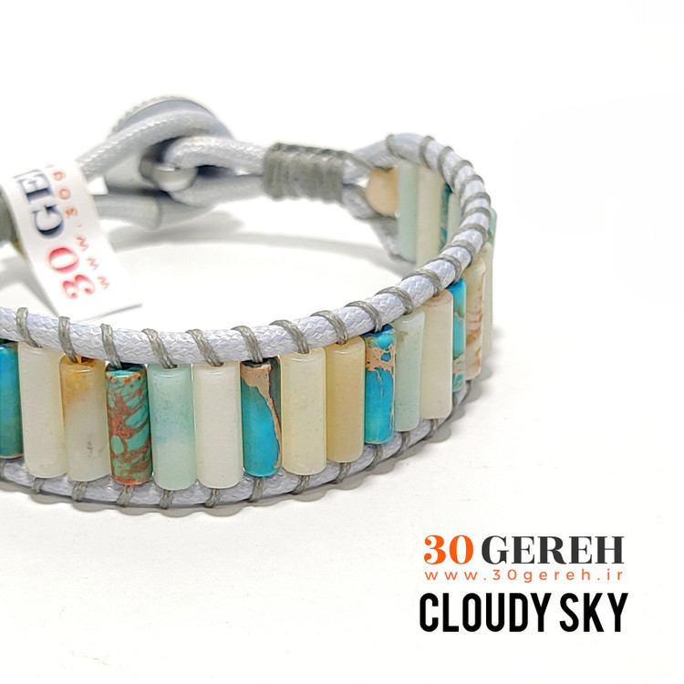 دستبند سنگی فیروزه و آمازونیت درجه یک تراش استوانه ای دستبند آسمان ابری