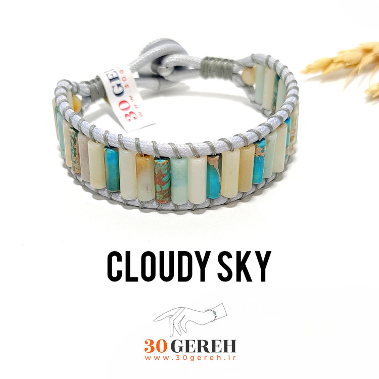 دستبند سنگی فیروزه و آمازونیت درجه یک تراش استوانه ای دستبند آسمان ابری