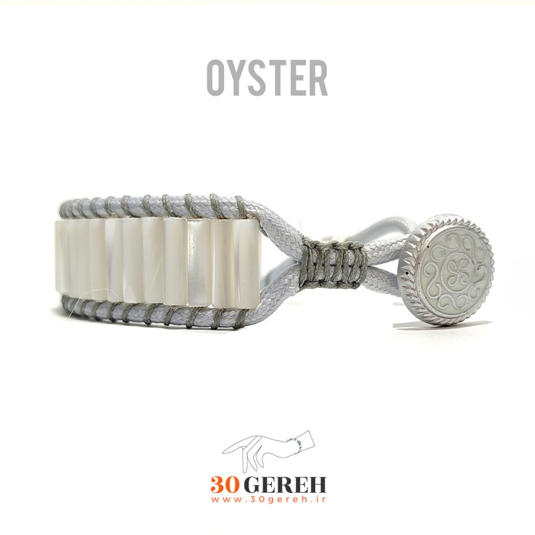 دستبند صدف اصل تراش استوانه ای خاص با چرم طوسی