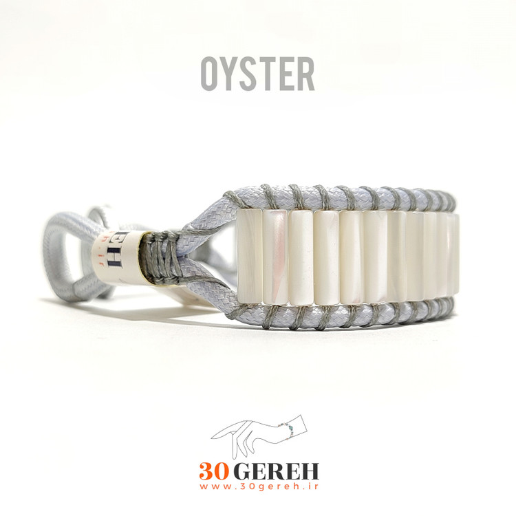 دستبند صدف اصل تراش استوانه ای خاص با چرم طوسی