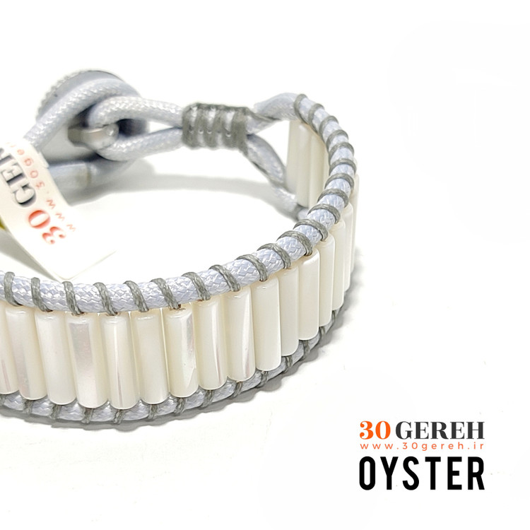 دستبند صدف اصل تراش استوانه ای خاص با چرم طوسی