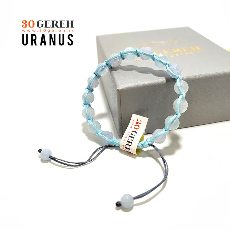 دستبند سنگی آکوامارین معدنی و اصل با بافت چرمی درجه یک دستبند اورانوس