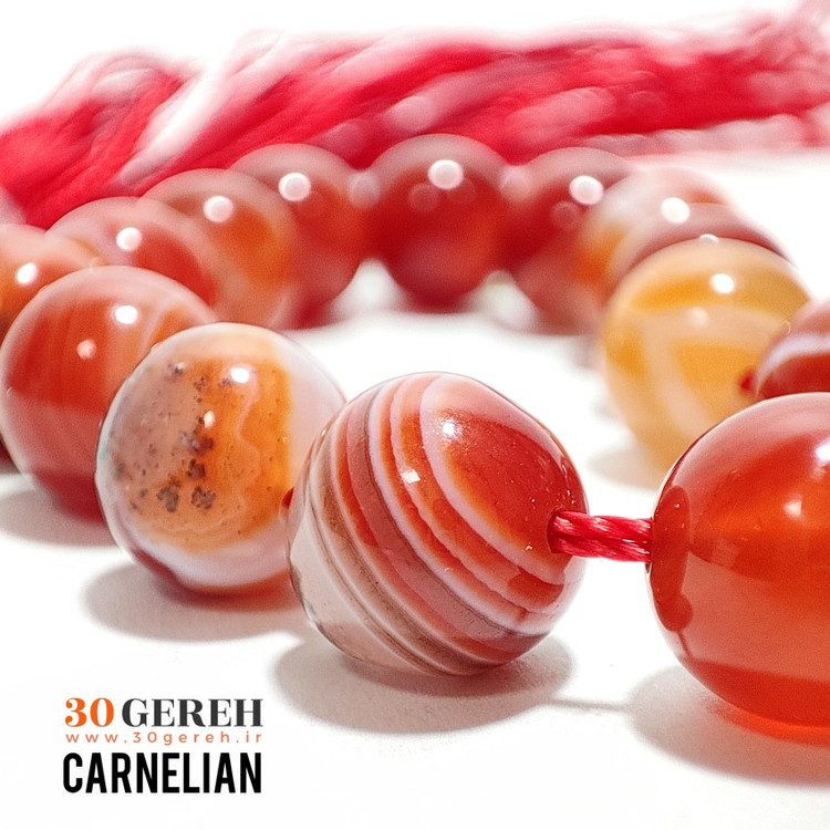 تسبیح سنگی عقیق کارنلین اصل درجه یک سایز 10 با شیخک عقیق معدنی و اصل
