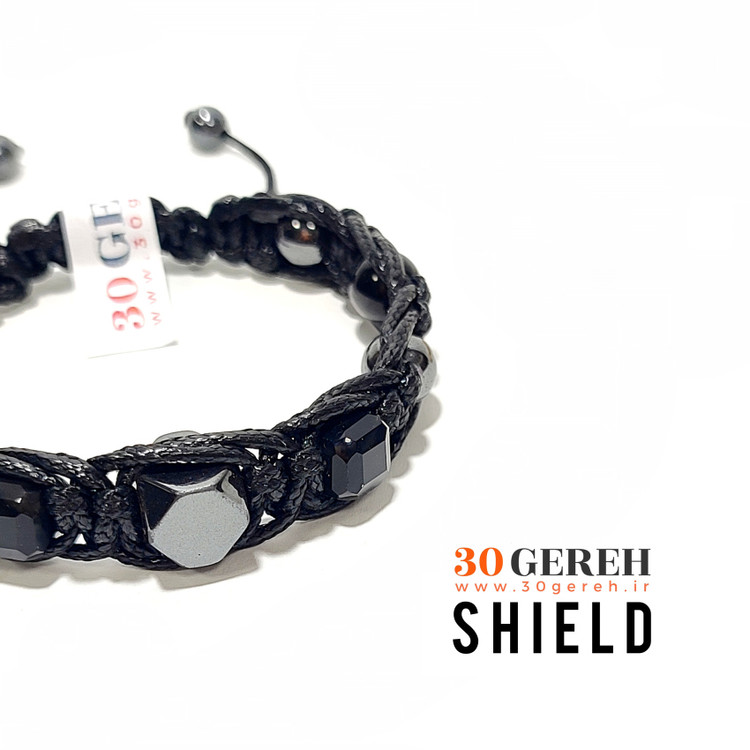 دستبند سنگی سپر یا محافظ با سنگ تورمالین و حدید تراش گرد و جواهری و تراش دست