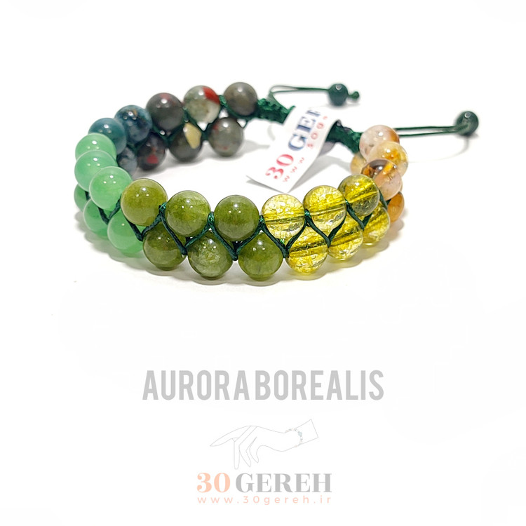 دستبند سنگی اصل و طبیعی شفق قطبی دارای 6 سنگ معدنی در سی گره