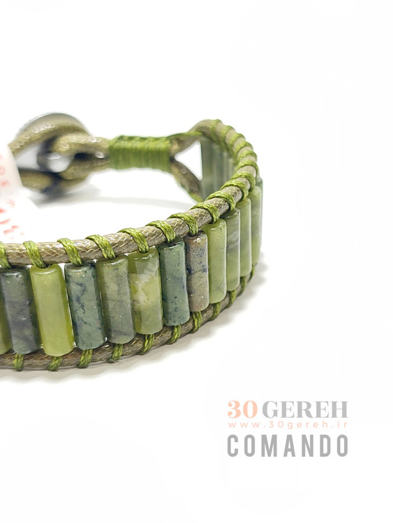 دستبند سنگی کماندو با سنگ یشم اصل کانادا تراش لوله ای و چرم ضخیم