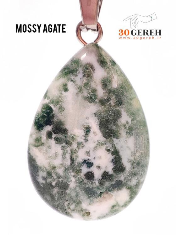 گردنبند سنگی عقیق خزه ای تراش بیضی سایز استاندارد با زنجیر رایگان استیل