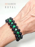 دستبند سنگی سه ردیفه عقیق سیاه و چشم ببر سبز اصل
