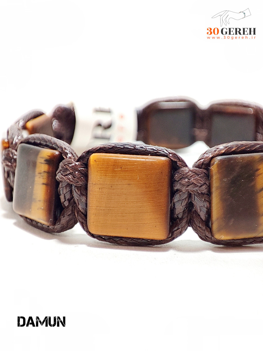 دستبند سنگ چشم ببر اصل تراش خاص با بافت چرمی تیره قابل تنظیم مردانه و زنانه
