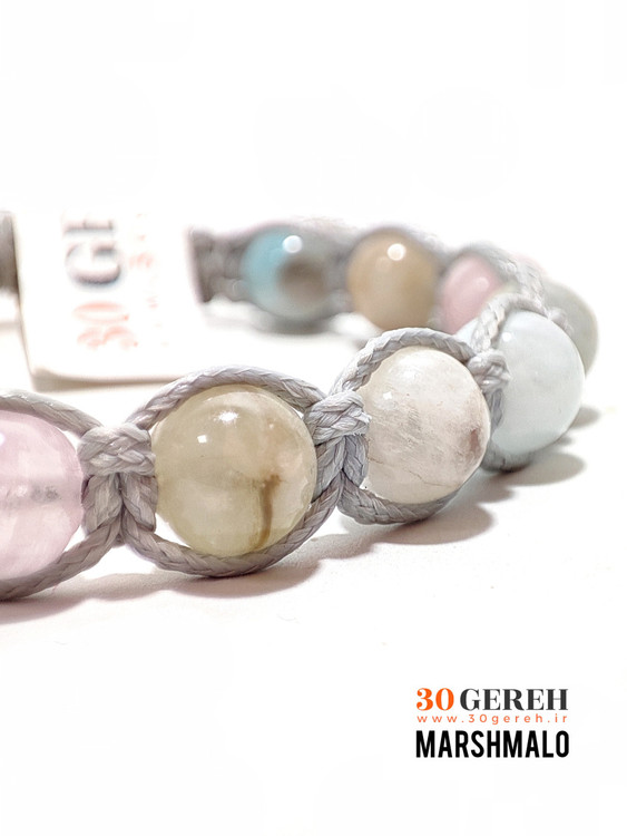دستبند سنگی مارشمالو سنگ مورگانایت اصل و معدنی درجه یک با بافت چرمی