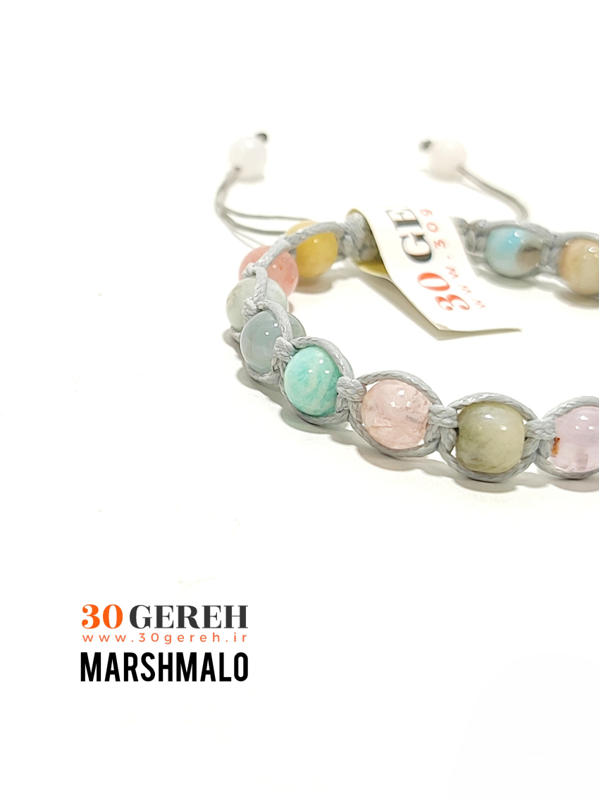 دستبند سنگی مارشمالو سنگ مورگانایت اصل و معدنی درجه یک با بافت چرمی