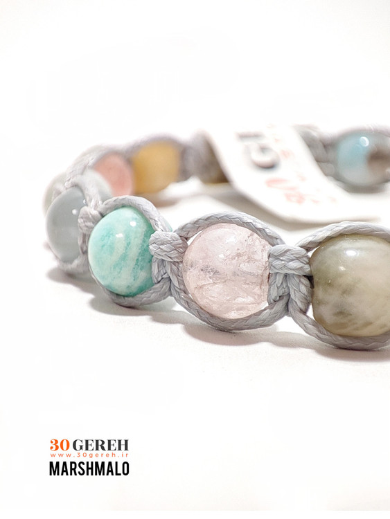 دستبند سنگی مارشمالو سنگ مورگانایت اصل و معدنی درجه یک با بافت چرمی