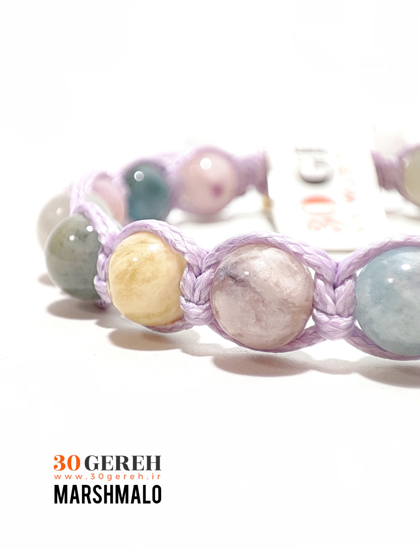 دستبند سنگی مورگانایت اصل و معدنی با بافت چرمی یاسی بنفش