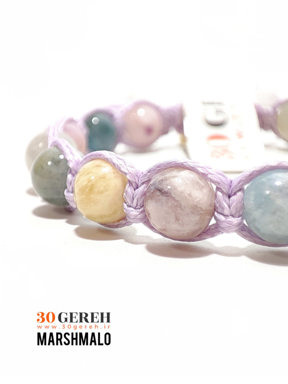 دستبند سنگی مورگانایت اصل و معدنی با بافت چرمی یاسی بنفش